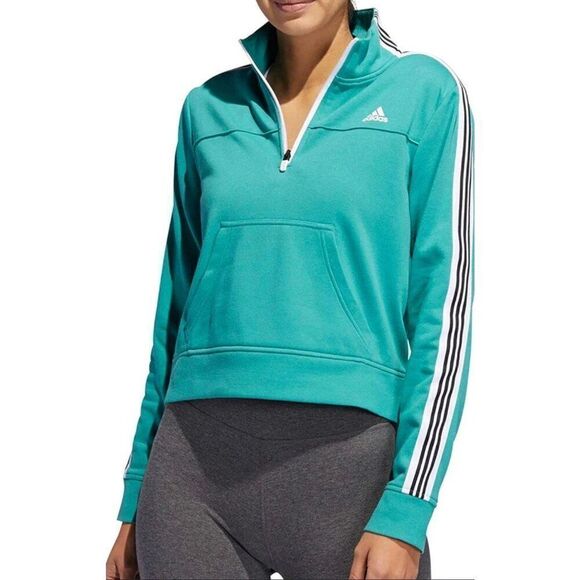 Adidas Women's 1/4 Zip Pullover Sweatshirt Small Teal With Striped Sleeves NWOT - Picture 1 of 7